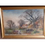 Henry Charles Fox – watercolour – Farmer with horses & wagon in river by buildings, signed & dated