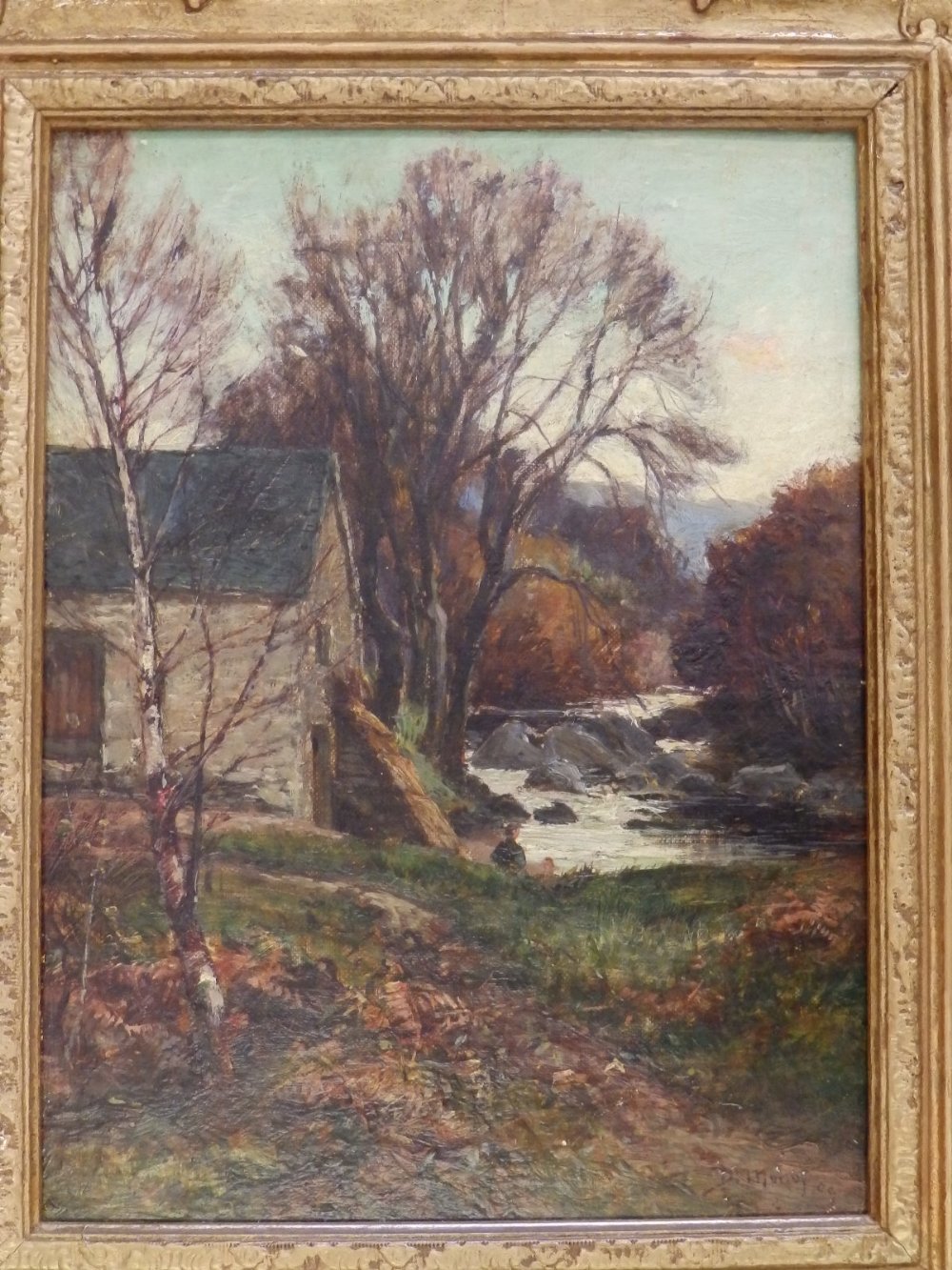 Sir David Murray – oil on re-lined canvas – River scene with building, signed, 11.5” x 8.5”