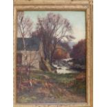 Sir David Murray – oil on re-lined canvas – River scene with building, signed, 11.5” x 8.5”