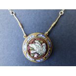 A Victorian circular micromosaic gold pendant on necklace chain, decorated with a dove and