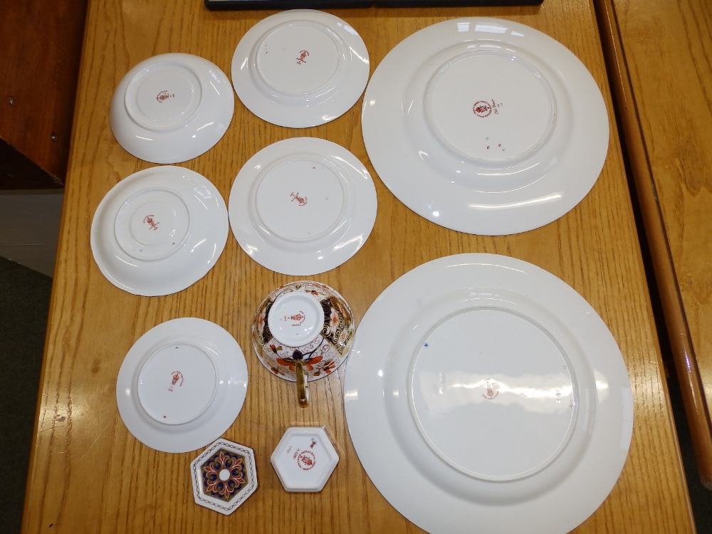 Two Royal Crown Derby Japan pattern plates, a teacup, three saucers, two tea plates, a cased set - Image 2 of 2