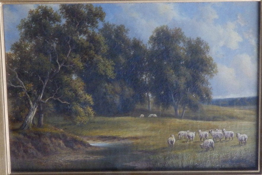 Henry Harold Vickers (Canadian 1851-1918) – oil on board – A flock of sheep by a river, signed &