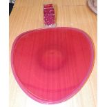 A Whitefriars ruby glass coffin vase and a Geoffrey Baxter triangular ruby bowl, 14.75” across (2)