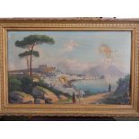 19thC Italian School – oil on canvas – The Bay of Naples with figures in the foreground, 12” x 20” -