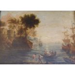 Early 19thC School – oil on board – In the manner of Lorraine, a coastal scene with classical