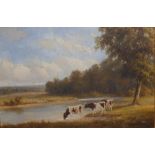 Henry Harold Vickers (Canadian 1851-1918) – oil on panel - Cattle watering, signed, 5.5” x 8”.