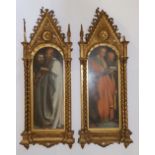 A pair of 19thC coloured mezzotints depicting the apostles and housed in ornate giltwood Gothic