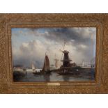 Charles H. J. Leickert (Dutch 1816-1907) – oil on panel – Canal scene with windmill, figures and