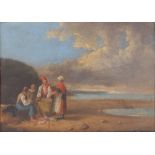 19thC Dutch School – oil on metal – Fisherfolk on the shoreline – old label to verso 'By an Old