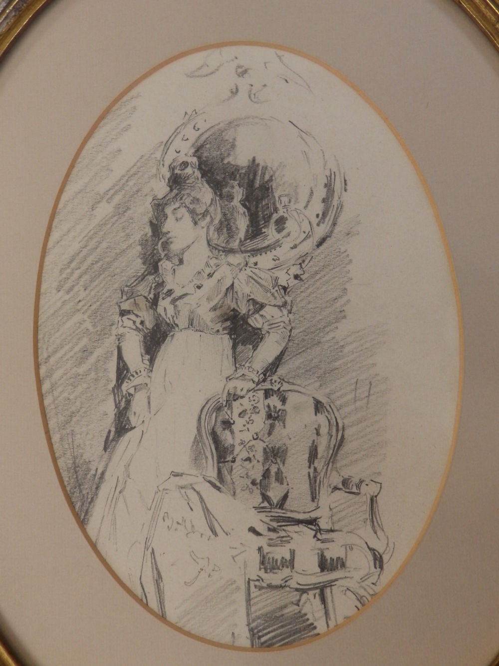 William Monk (1863-1937) – pencil drawing – A woman at her mirror, together with a Victorian