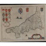 A coloured antiquarian map of Cornwall.