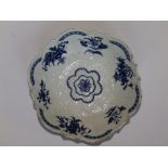 An 18thC blue & white Worcester salad dish, 9.25” diameter – rim damaged.