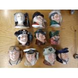 10 small Royal Doulton character jugs; Anne Boleyn, Poacher, Sleuth, Sailor, Master, Airman, Long