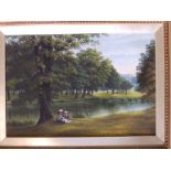 J. H. Perks – oil – Old Windsor Park, a circular oil by J. Fisher and a landscape in oils by J.