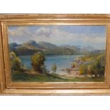 J. Thomson – oil on canvas – Lakeland scene with distant figures on the shore, signed, 9.5” x 15”.