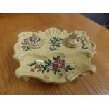 A yellow ground earthenware inkstand painted with floral sprays – painted mark 'France'.
