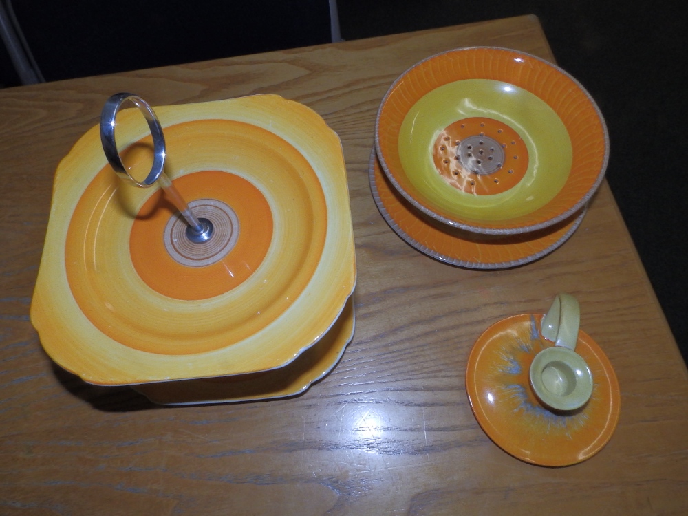 A Shelley orange banded salad draining dish, and a cakestand.