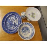 A blue & white comport together with a bowl, an oval platter and a jam pot. (4)