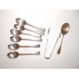 Six Sheffield silver coffee spoons, one other and a pair of tongs. (8)
