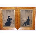 A pair of 19thC silhouettes by M. Locke, 1838 – a lady and a gentleman overlaid onto a printed