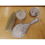 Three pieces of enamelled silver dressing table ware – William Comyns, London 1901.