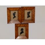 Three small 19thC silhouettes, highlighted in gold, 3.75” x 2.5” in maple frames.