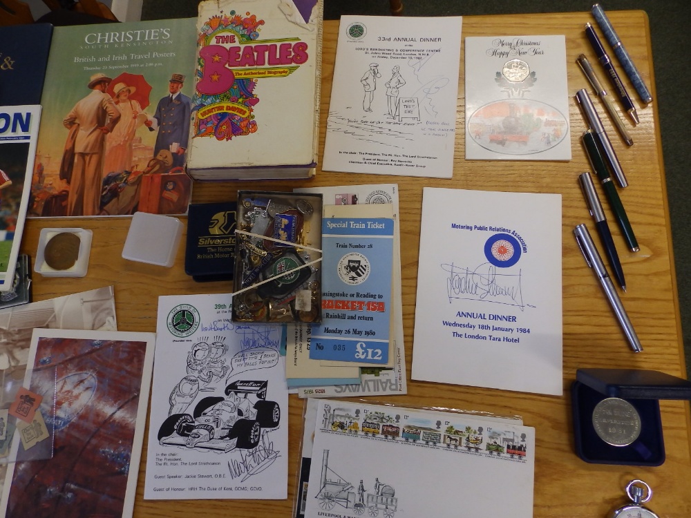 A collection of ephemera relating to motor racing and other events, including two menus signed by