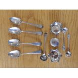 A pair of small Birmingham silver salts, a pill box and seven various small spoons. (10)