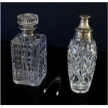 A silver mounted cut glass square decanter and a cocktail shaker. (2)