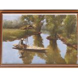 Choob – a modern Asian School oil on canvas – A fisherman in his boat, signed, 20” x 28”.