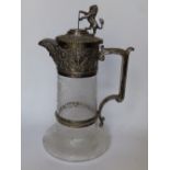 A Victorian EP mounted engraved glass claret jug by Elkington & Co., the hinged lid surmounted by