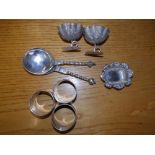 Three matching plain silver napkin rings – Birmingham 1905, three various trencher salts and two