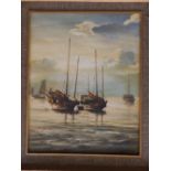 H. Cheng – oil on canvas – Moored fishing boats, signed, 29” x 23”.