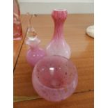 A Scottish pink & white glass vase, scent bottle and bowl. (3)