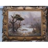 19thC British School – a pair of oils on canvas – Winter landscapes with snow and sheep,