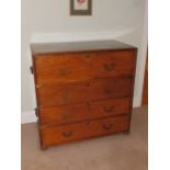 A 19thC military secretaire chest, in two parts with brass mounts, the fitted fall front drawer