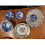 Two Oriental blue & white dishes , two bowls and a wall plate. (5)