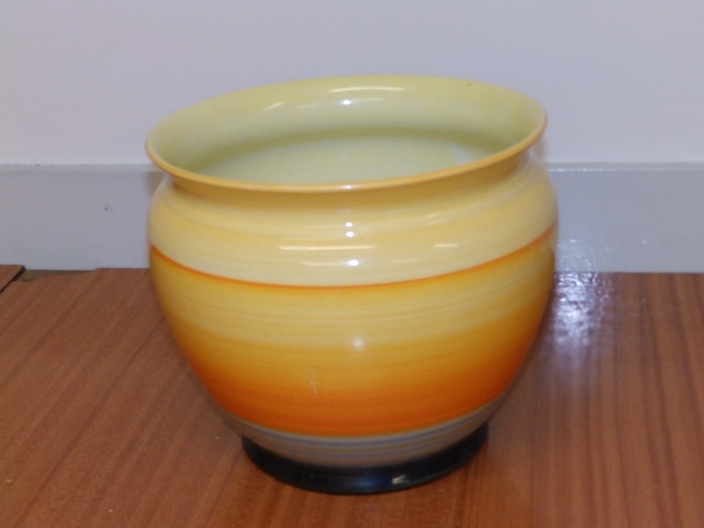 A Shelley orange banded jardiniere and cache pot. (2)