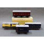 A group of 4 kit built 0 scale FR wagons and coaches,