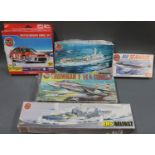 A group of 5 Airfix model kits: Mitsubishi WRC01, AW Seahawk, HMS Fearless, HMS Belfast,