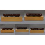 A group of 5 assembled and boxed EK Coaches 0 gauge LMS kit built coaches in maroon livery