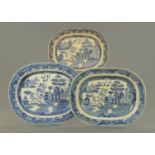 Three blue and white transfer printed Willow pattern meat plates, 19th century,