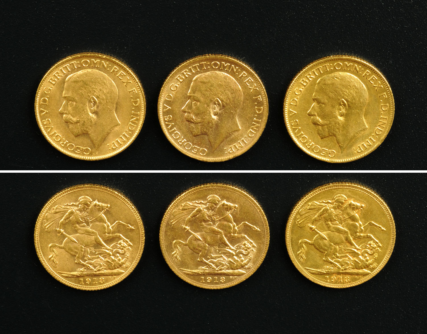 George V, 3 x sovereigns, 1913, VF+.
