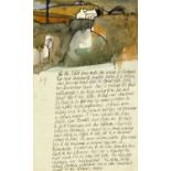 Percy Kelly, watercolour illustrated letter, roadway to cottage. 33 cm x 20.