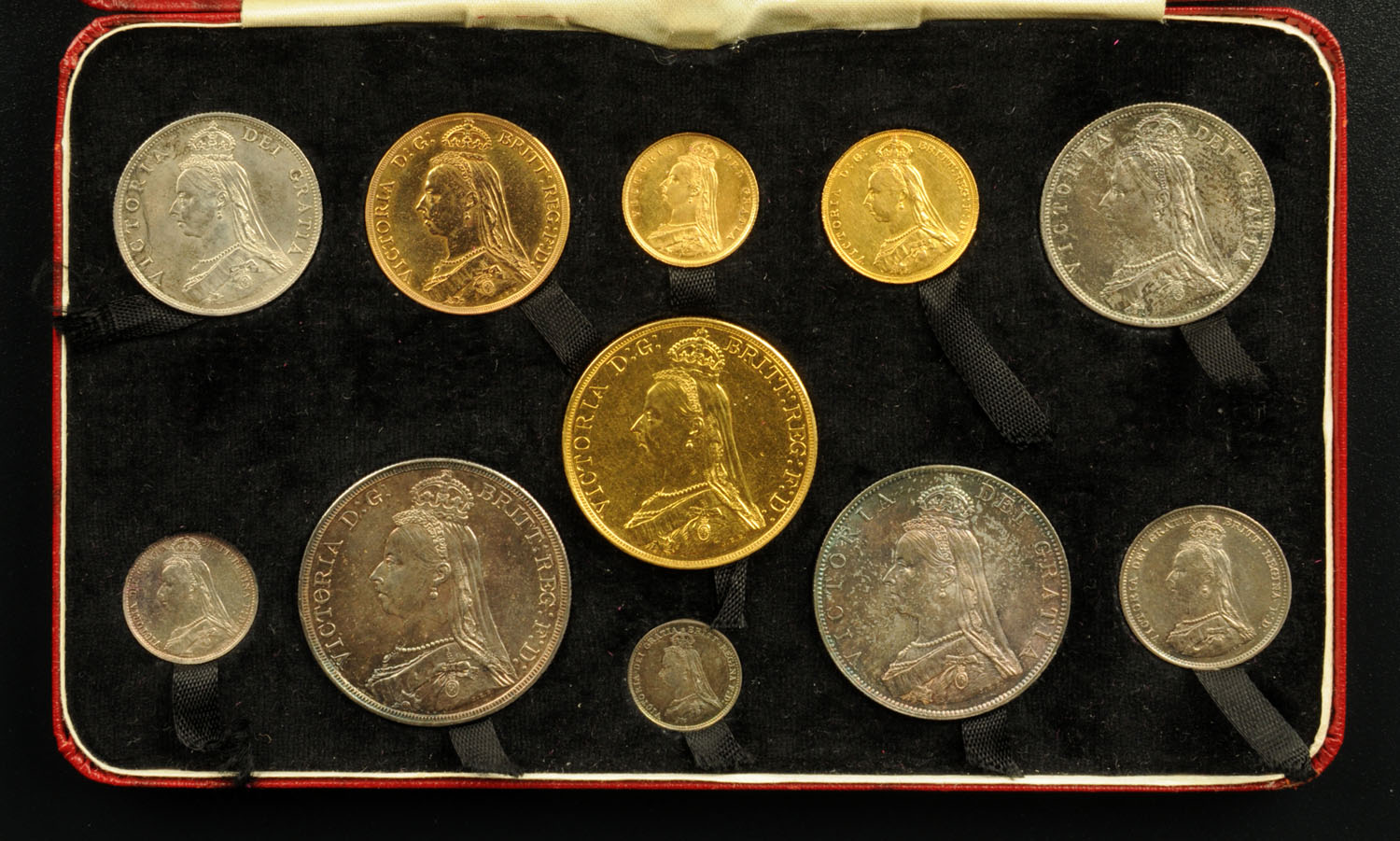 Victoria, Golden Jubilee 1887 eleven coin set, £5-threepence, the silver coins with nice tones,