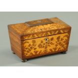 A Regency/William IV rosewood marquetry tea caddy, sarcophagus form,