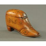A walnut snuff shoe, initialled "BW" and dated 1865, with piquet work decoration throughout,