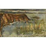 Percy Kelly, watercolour illustrated letter, cliffs near Strumble Head. 20 cm x 32.