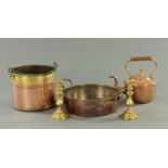 A Victorian copper kettle, and a two handled pan,