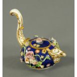 A rare Derby porcelain cream pot and cover, circa 1820, of oil lamp form,